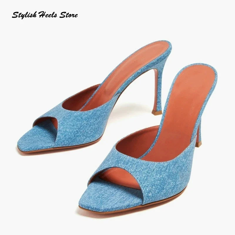 Stylish Square Open Toe Thin High Heels Modern Slippers Summer Outdoor Slip On Stilettos Fashion Women Chic Party Slippers