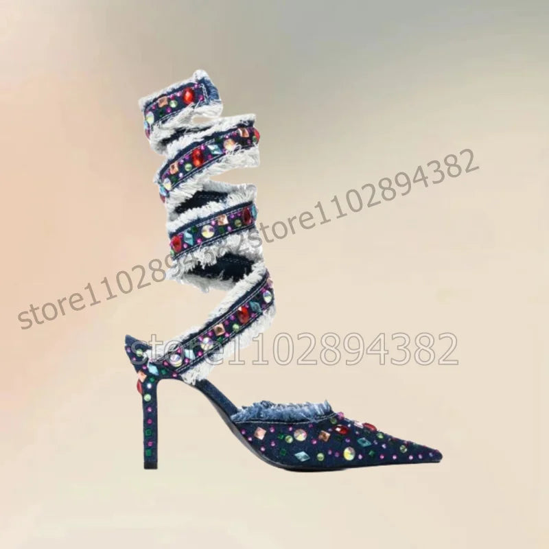 Blue Denim Ruffles Colorful Crystal Decor Twine Pumps Slip On Women Shoes Thin High Heels Pointed Toe 2023 Zapatos Para Mujere