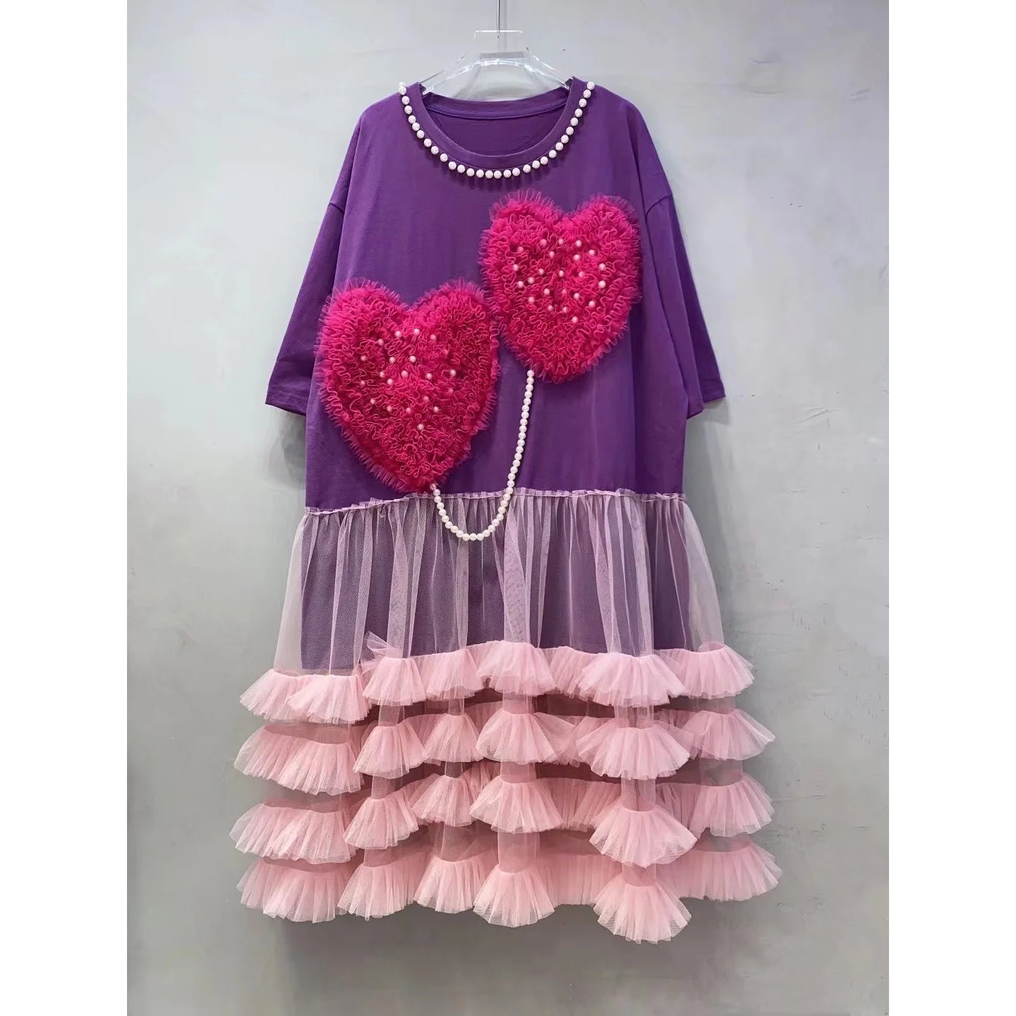 Chic Love Mesh Spliced Ruffles T-shirt Dress Pearls Beaded Chain Tassels Gauze Pleated Patchwork Tees Dress Jumpers Tops Vestido