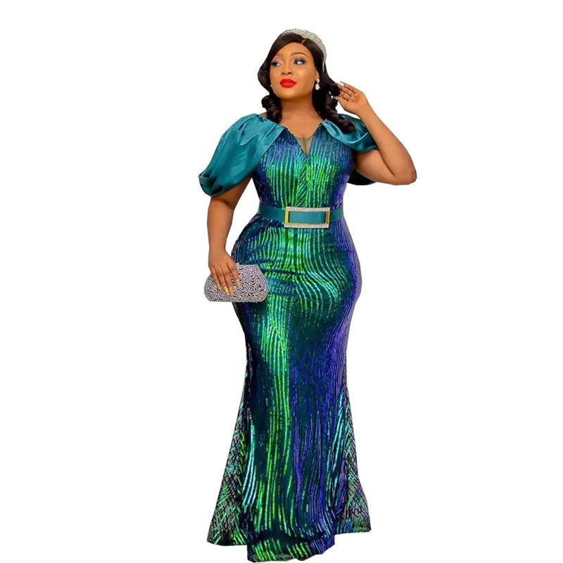 African Wedding Dresses For Women Ruffle Short Sleeve Party Long Sequin Dress Bodycon Pencil Curve Formal Ankara Evening Gowns