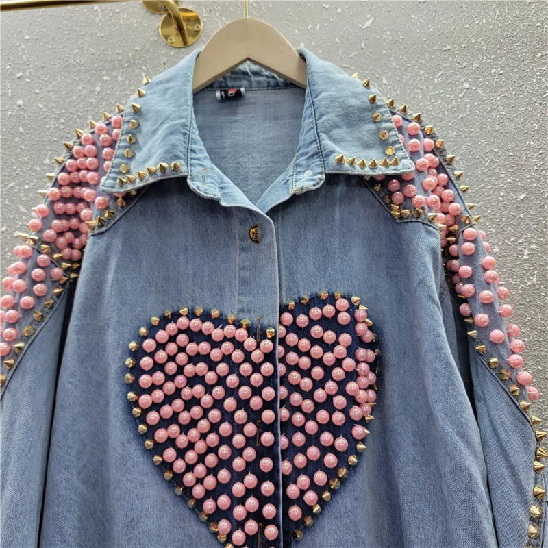 Spring Women Blue Denim Shirt Jacket Rivet Pearl Beaded Heart Pattern Casual Loose Long Sleeve Jeans Jackets Female Streetwear