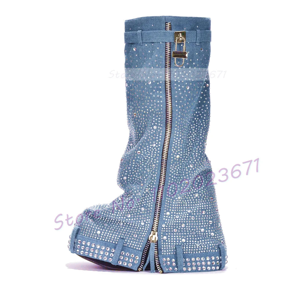 Crystals Foldover Denim Boots With Lock Women Chic Round Toe Western Knee High Boots Ladies Winter Sparkly Studded Side-zip Shoe