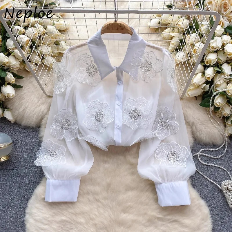 Neploe Heavy Beading Sequin 3D Flower Shirt for Women 2025 Spring New See Through Mesh Blouses Y2k Long Sleeve Blusas Mujer