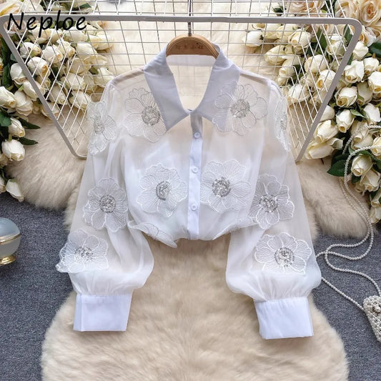 Neploe Heavy Beading Sequin 3D Flower Shirt for Women 2025 Spring New See Through Mesh Blouses Y2k Long Sleeve Blusas Mujer