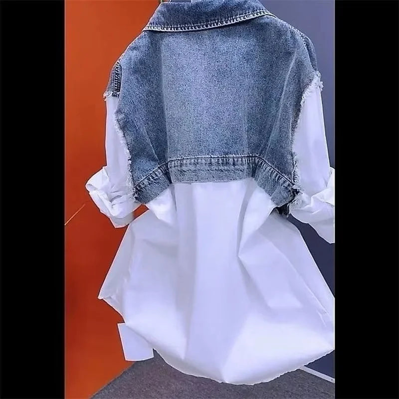 2025 New Spring/Summer Fashion Korean Striped Denim Shirt Jacket Women's Design Sense Stitching Women Jackets Temperament Coat