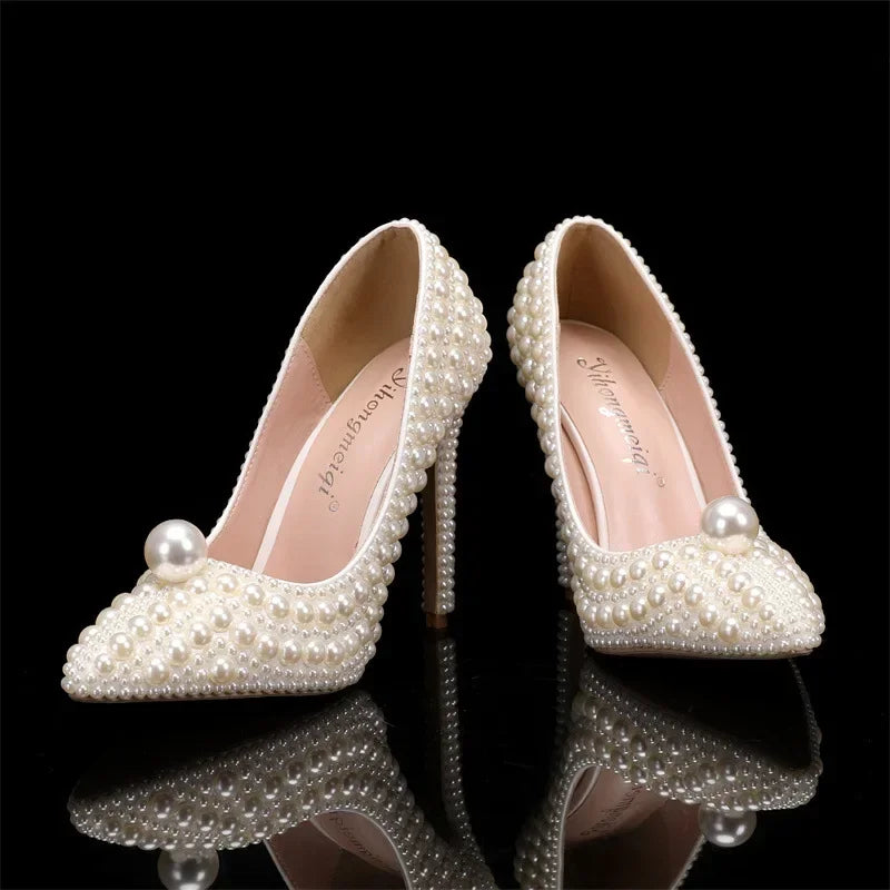 ALIDI SC New Pointed Pearl High Heels Women's Shoes with Fine Heels Wedding Dress Bridal Party Princess Shoes Size 35-43