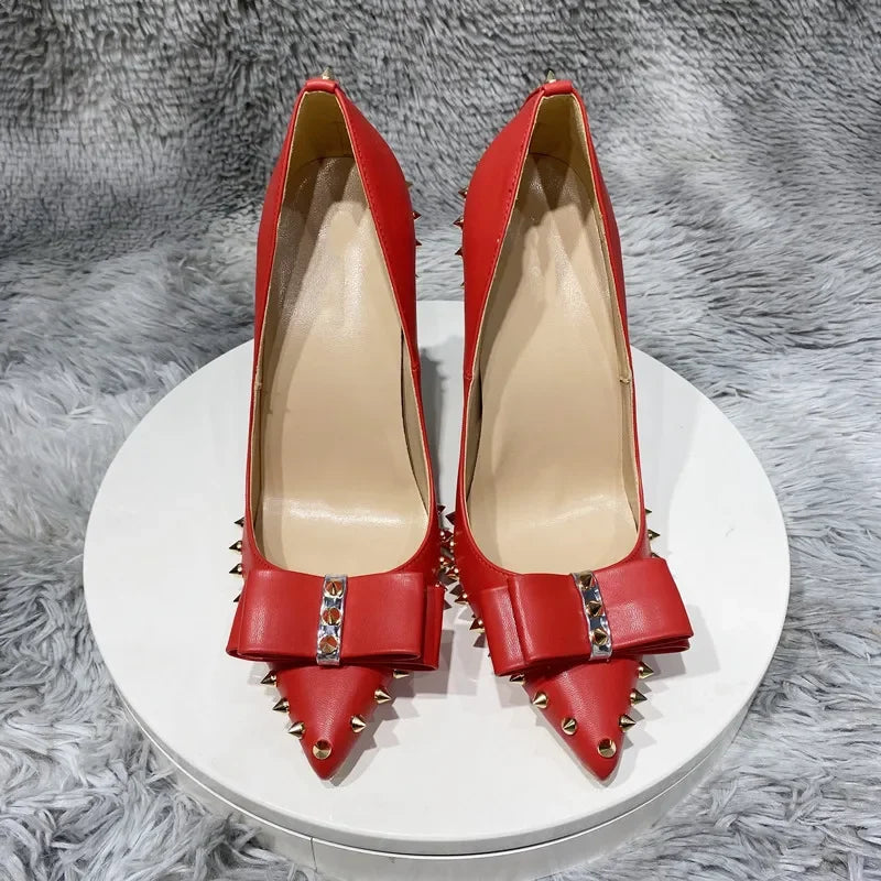 Heelgoo 2025 Newly 12cm 10cm 8cm Spikes Bow Women Sexy Pointy Toe High Heel Shoes Party Dress Stiletto Pumps Plus Size 33-46