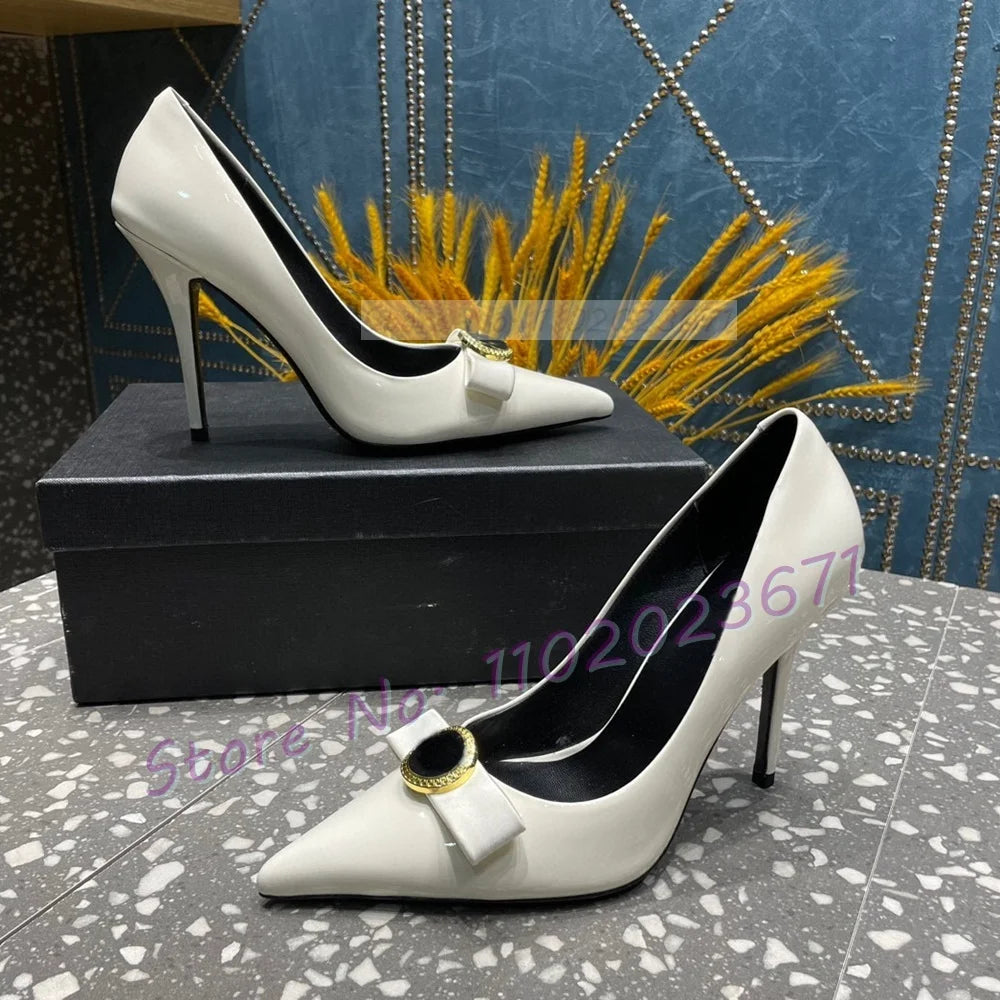 Pink Bow Pointy Stiletto Pumps Women Elegant Gold Buckle Decor Real Leather 10cm High Heels Shoes Ladies Stylish Newest Sandals