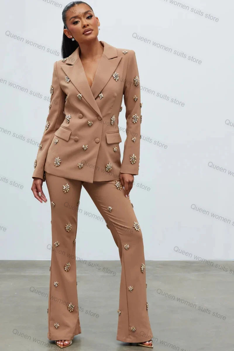 Crystals Khaki Formal Women Suit Set 2 Piece Blazer+Pants Office Business Lady Jacket Coat Customized Prom Wedding Tuxedo Outfit