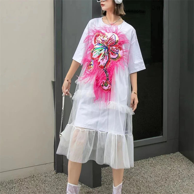 Thailand Fashion Brand Women's Summer New Dress Heavy Industry Sequins Splicing Mesh Loose Medium length T-Shirt Dress