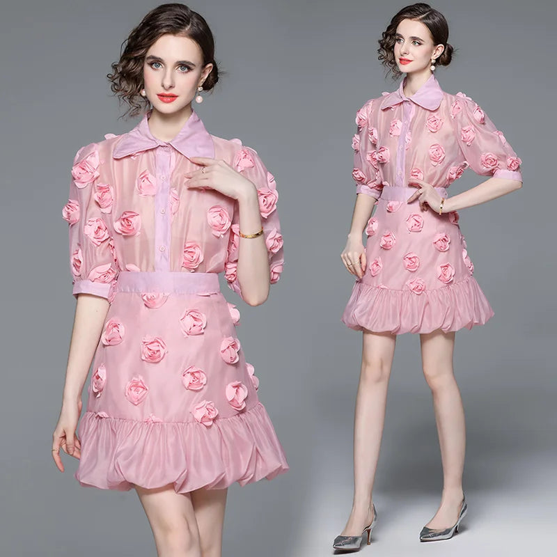 Summer Runway 2 Pieces Suit Women's Lapel Puff Sleeve 3D Applique Flower Pink Blouses and Mini Ruffles Skirt Set Clothing N8698