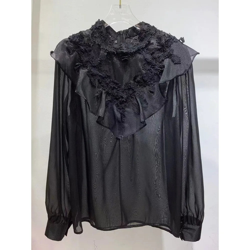 GALCAUR Solid Spliced Ruffles Fashion Blouses for Women Round Neck with Lace Long Sleeve Patchwork Zipper Shirts Female Autumn