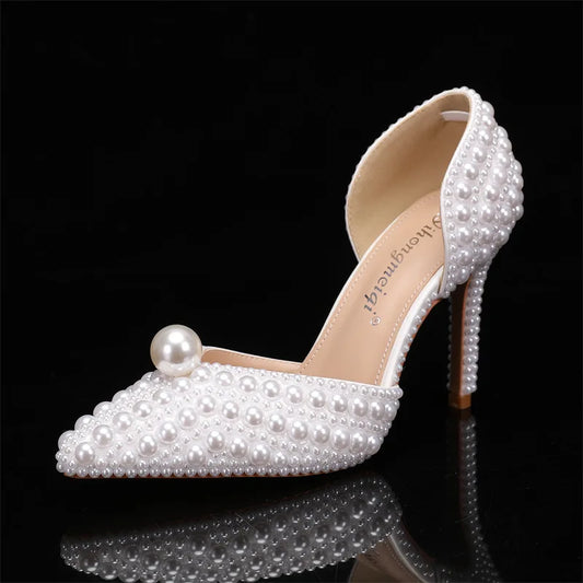 New set of shallow mouth single shoes, pointed high heels, women's slim heels, pearl wedding shoes