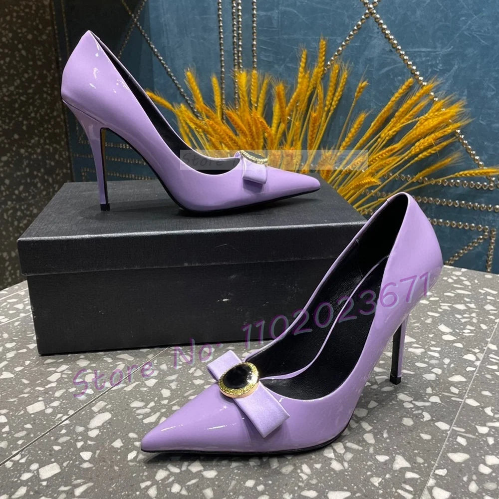 Pink Bow Pointy Stiletto Pumps Women Elegant Gold Buckle Decor Real Leather 10cm High Heels Shoes Ladies Stylish Newest Sandals