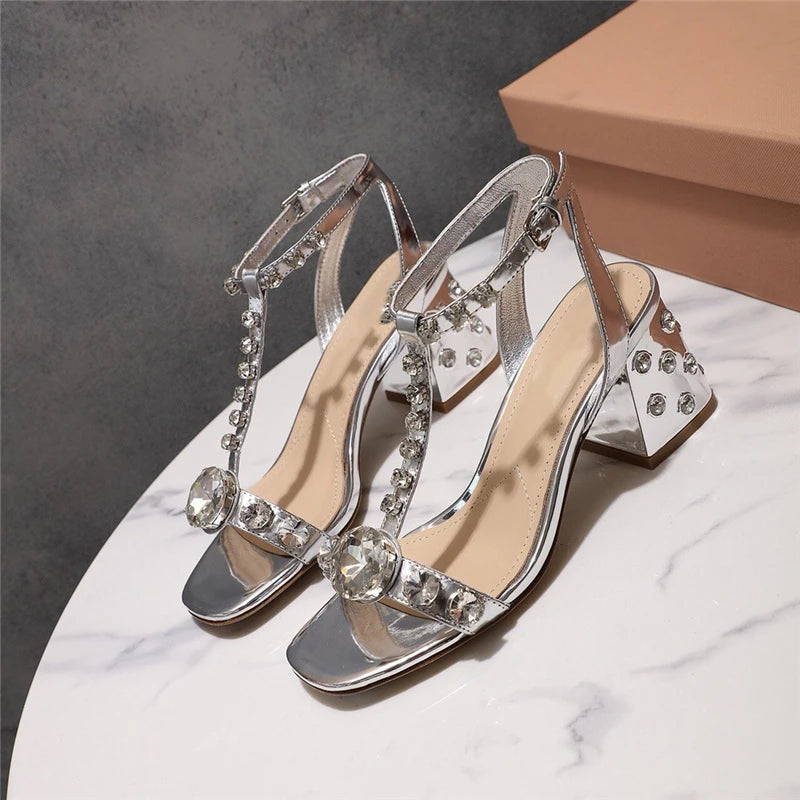 2025 Chic Rhinestone High Heel Sandals Women Jeweled Chunky Heel Diamond Strappy Summer Sandalias Mujer Gold Party Shoes Woman