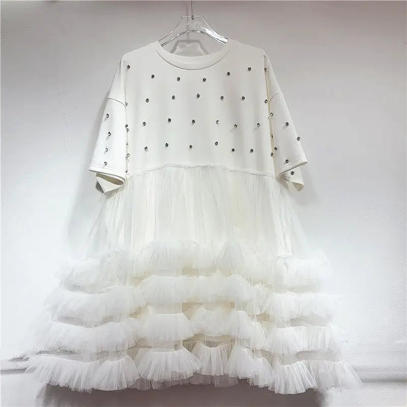 Original Design Elegant Diamonds Ball Gown Dress New Summer Cute Mesh Splicing Princess Top Age Reduction Mid-long T-shirt Dress