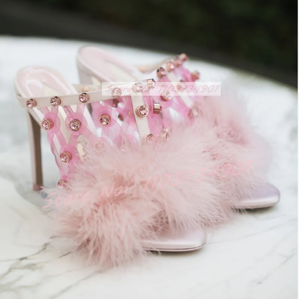 Pink Furry Crystals Clear Round Toe Slippers Female Elegant Fashion Thin High Heels Shoes Women Sweet Casual Chic Slippers