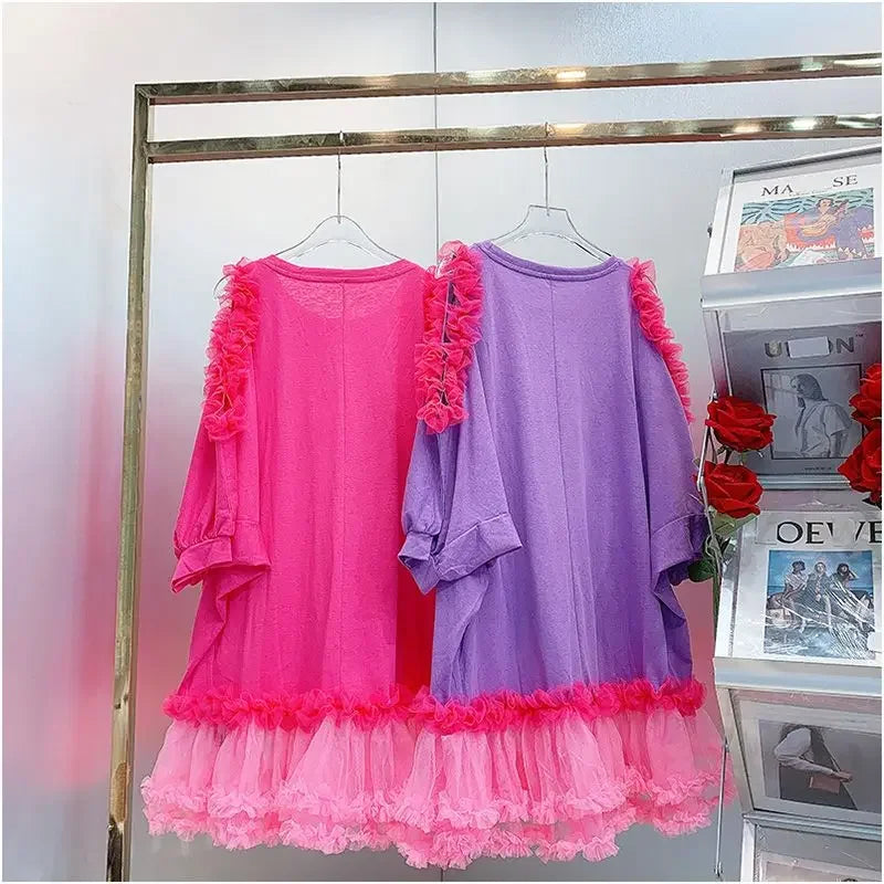 Original Design 2025 New Summer Loose T-shirt Women Top Fairy Mesh Splicing Loves Loose Mid-long Long Sleeve Casual Dress