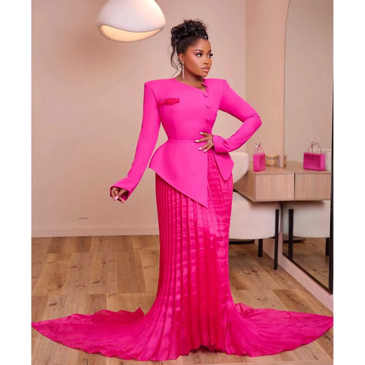 Plus Size African Hot Pink Evening Dresses Custom Made Aso Ebi Formal Outfits Black Women Formal Dress Suits Wedding Guest Dress