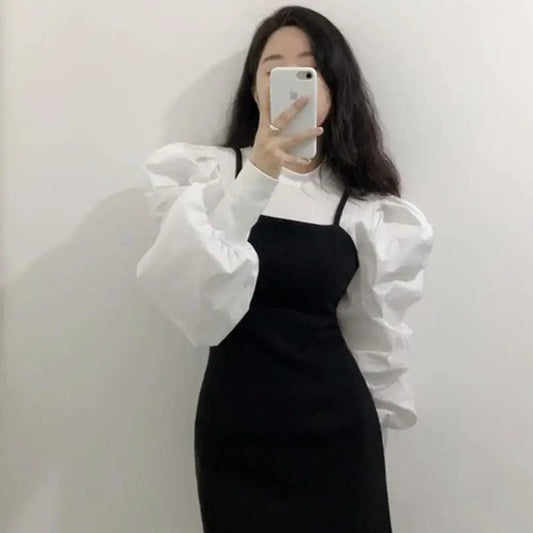 Knit Puff Long Sleeve Blouse Women Solid Color Basic Shirt Pulovers Lady Office Work Wear Top Elegant Female Black White