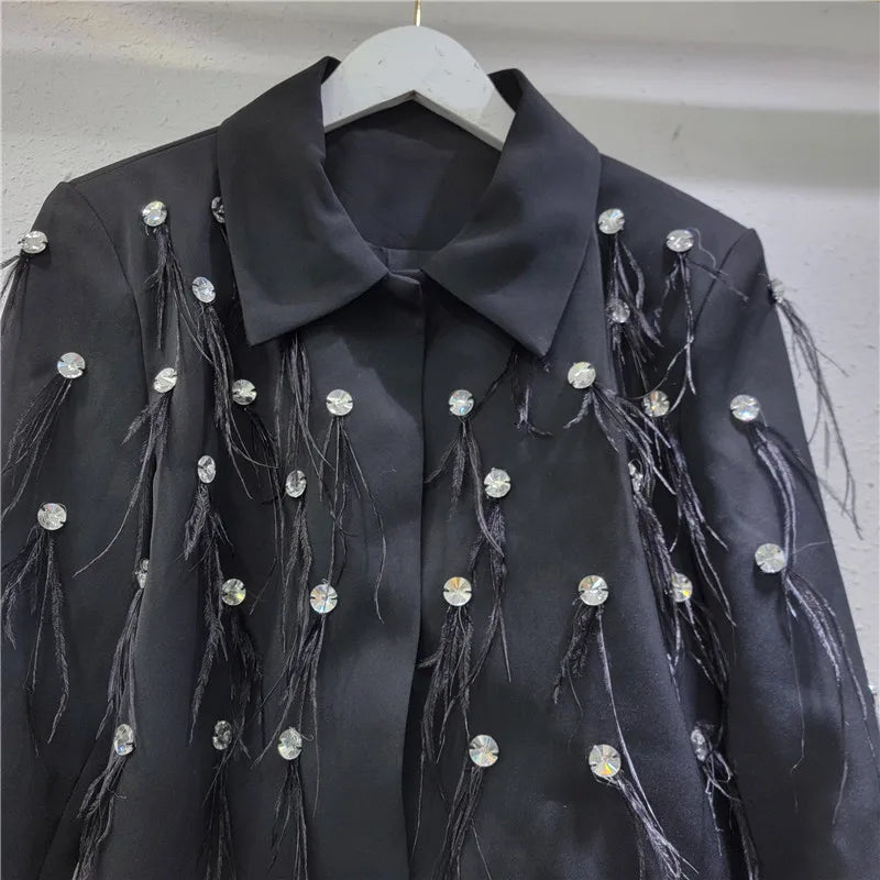 Women's 2025 Spring New Tops Diamond-encrusted Feather Tassels Nice Tailored Coat Splicing High-end Fashion Trendy Short Blazers