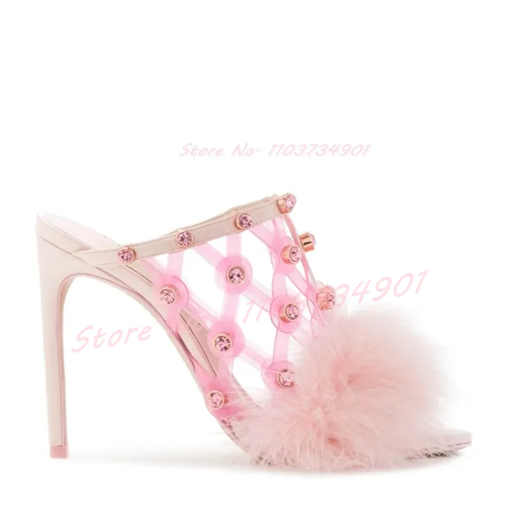 Pink Furry Crystals Clear Round Toe Slippers Female Elegant Fashion Thin High Heels Shoes Women Sweet Casual Chic Slippers