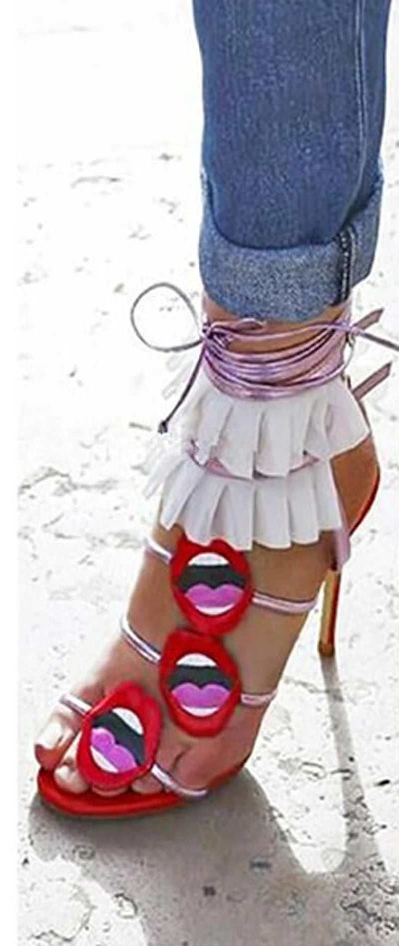 Sexy Red Mouth Embroidery Lacework Sandals Ladies Gladiator Ankle Ruffles Lace Up High Heels Zapatos Beauty Lips Summer Sandals