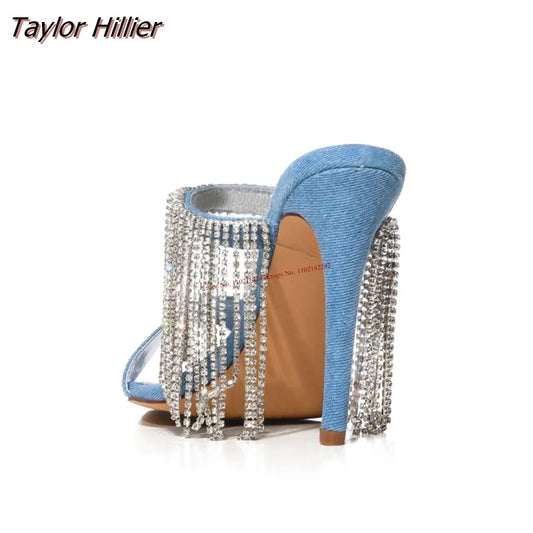 Summer New Pointed Tassel Rhinestone High-Heeled Slippers Fashion Open-Toed Temperament Party Casual Wear Blue Denim Sandals 46