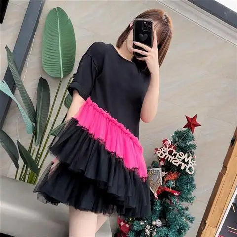 Original Design New Summer All-match Loose Short Sleeve T-shirt Dress Age Reduction Mesh Splicing Ruffles Pullover Top Mid-long