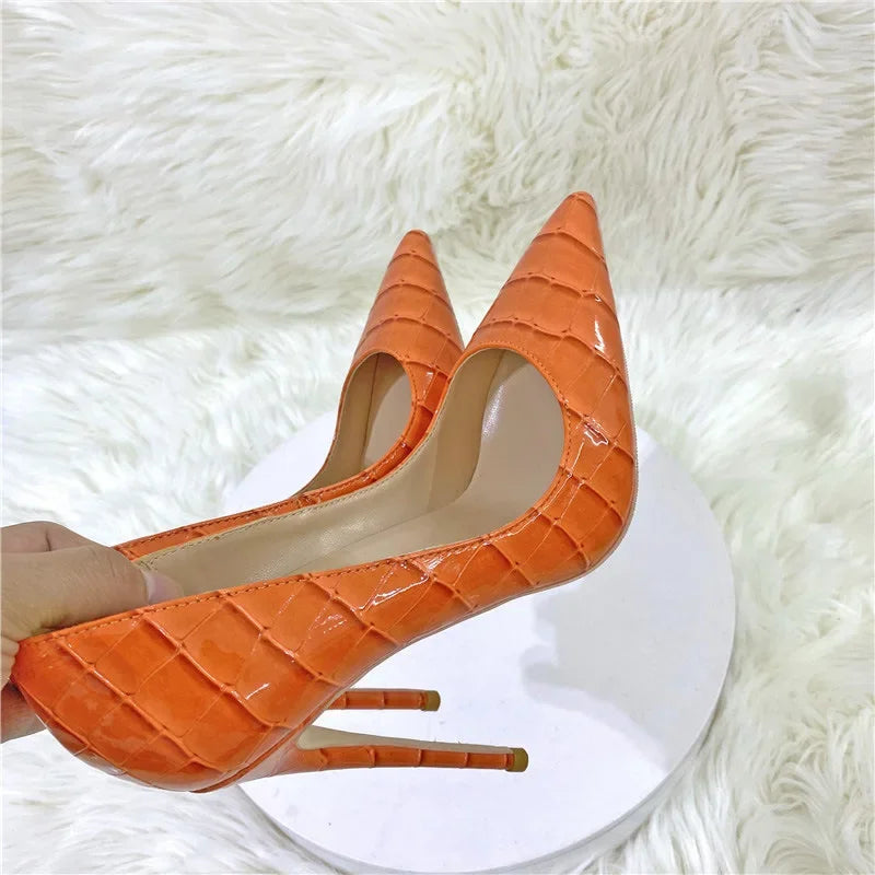 Party Women Pumps PU 12CM Stiletto 2022 New Orange Serpentine Pointed Shallow Mouth Roman Single Shoe Woman Shoe Brown