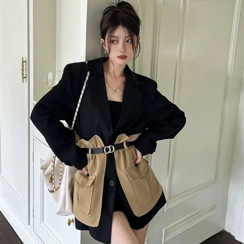 2025 Blazer Women Fashion New Loose Spliced Pocket Korean Single Breasted Blazer Mujer Female with Belt