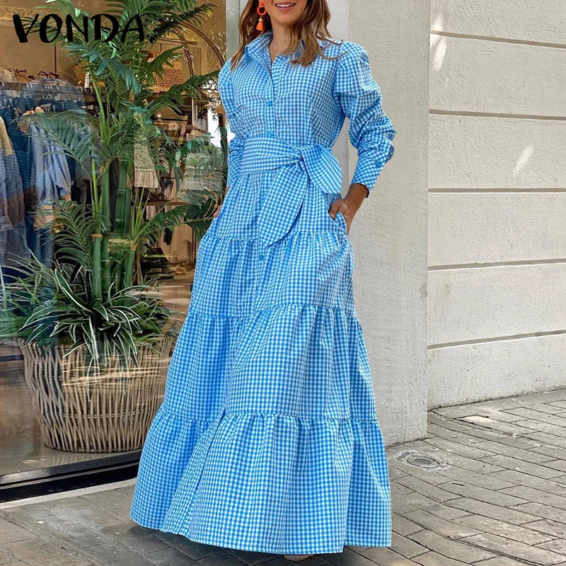 VONDA Autumn Elegant Shirt Dress 2023 Women Party Maxi Dresses Ladies Long Sleeve Solid Lapel Button Belted Elegant Long Vestido