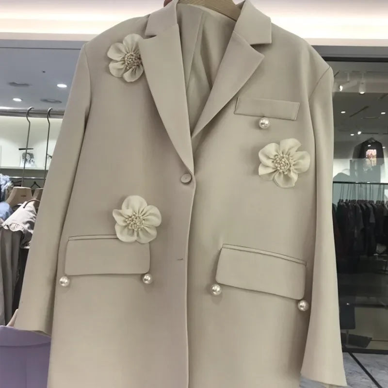 3D Flowers Blazer Mujer Spring Autumn Korean Fashion Sweet Blazers for Women Beading Vintage Ropa De Mujer Elegant