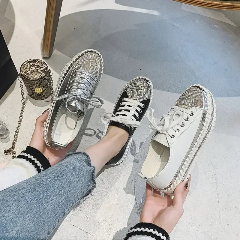 2024 New Rhinestone Good Walking Vulcanize Shoes Women Diamond Thick Soled Shoes 5 Colors Sequin Fashion Board Shoes Size 43