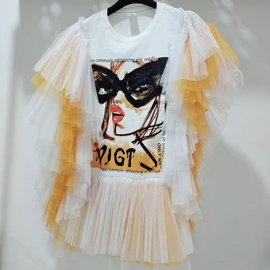 Chic Mesh Splicing Ruffles Girls Graffiti T-Shirts White Loose Short Flare Sleeve Gauze Patchwork Pleated Tees Jumpers Crop Tops