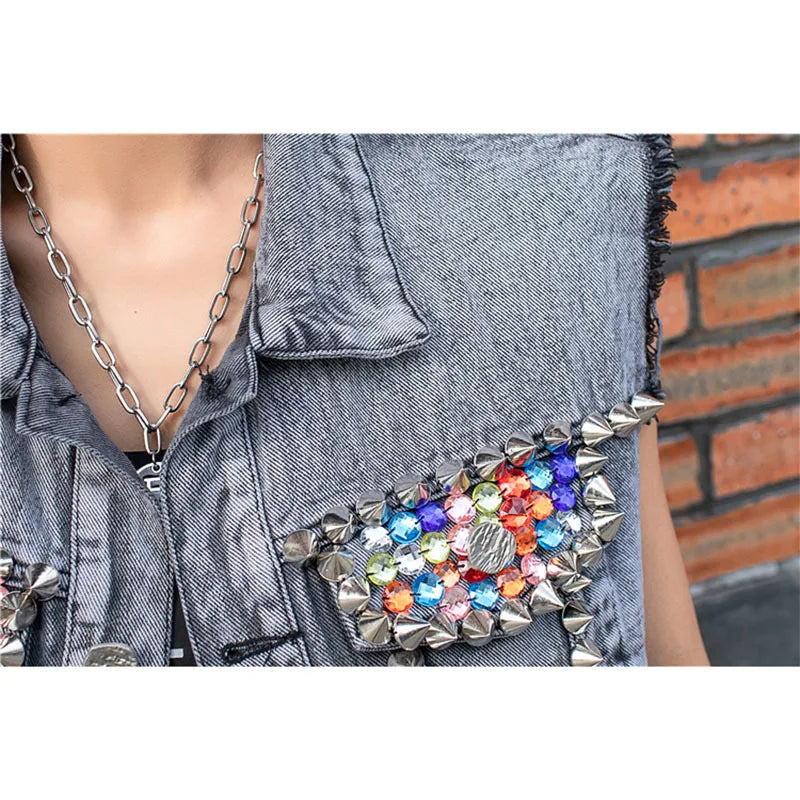 Vintage Mesh Stitching Gray Denim Vest Women Rivet Beaded Diamonds Cowboy Waistcoat Slim Frayed Sleeveless Jeans Jacket Female