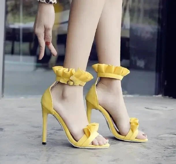 Moraima Snc Summer Women's Shoes Pink Yellow Dress Shoes Women Ruffles High Heels Sandals Women Size 44 Sapato Feminino