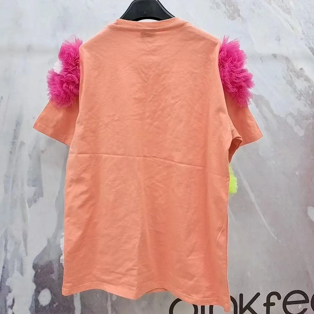 Luxury Mesh Patchwork Ruffles Flowers T-Shirts Loose Orange Gauze Pleated Floral Tees Lace Ruched Short Sleeves Jumpers Tops