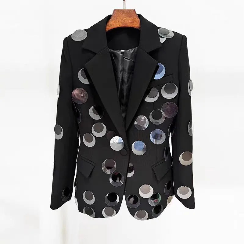 WTHT New Fashion Women's Spliced Big Sequins Blazer 2024 Winter Lapel Long Sleeves Single Buttons Slim Jacket Female 1LS653