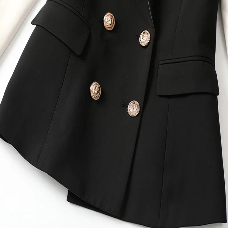 Autumn Chic Leather Collar Spliced Double Breasted Blazer Women Lapel Suits Plus Size Coats Black Blazers British Jackets Slim