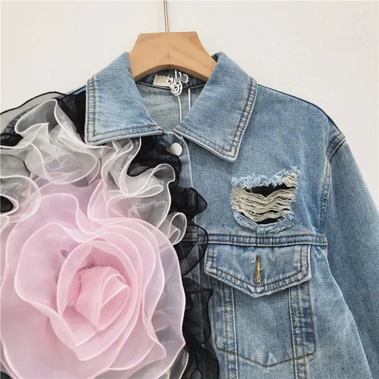 European Station 2025 New Heavy Industry Mesh Splicing Personality Hole Design Sense Short Loose Denim Jacket Fashion For Women