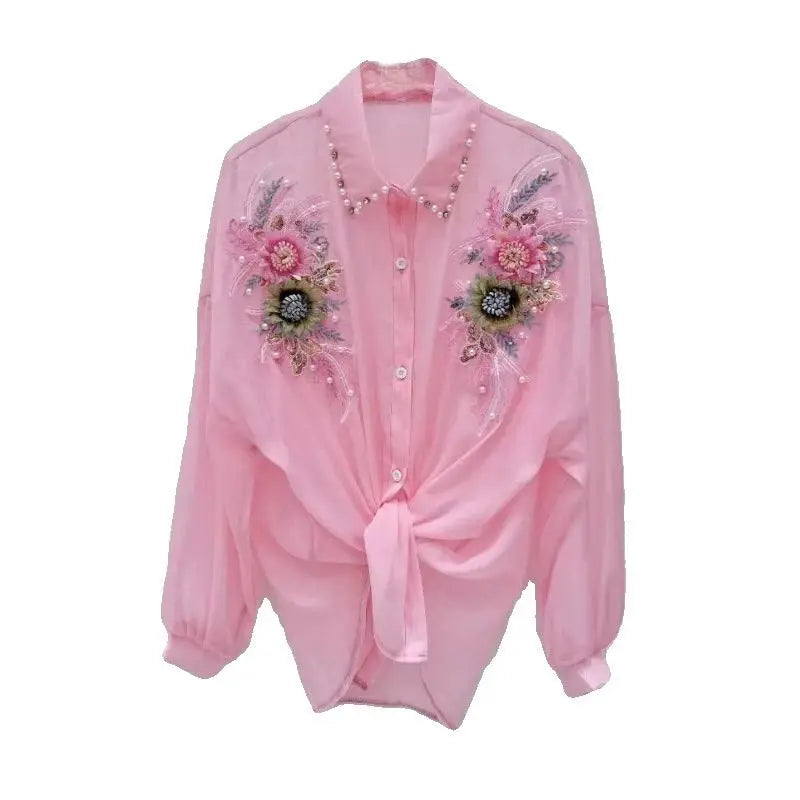 Heavy Industry 3D Flower Sun Protection Shirt Cardigan Women Heavy Industry Beads Diamond-Embedded Blouse Sweet Loose Top