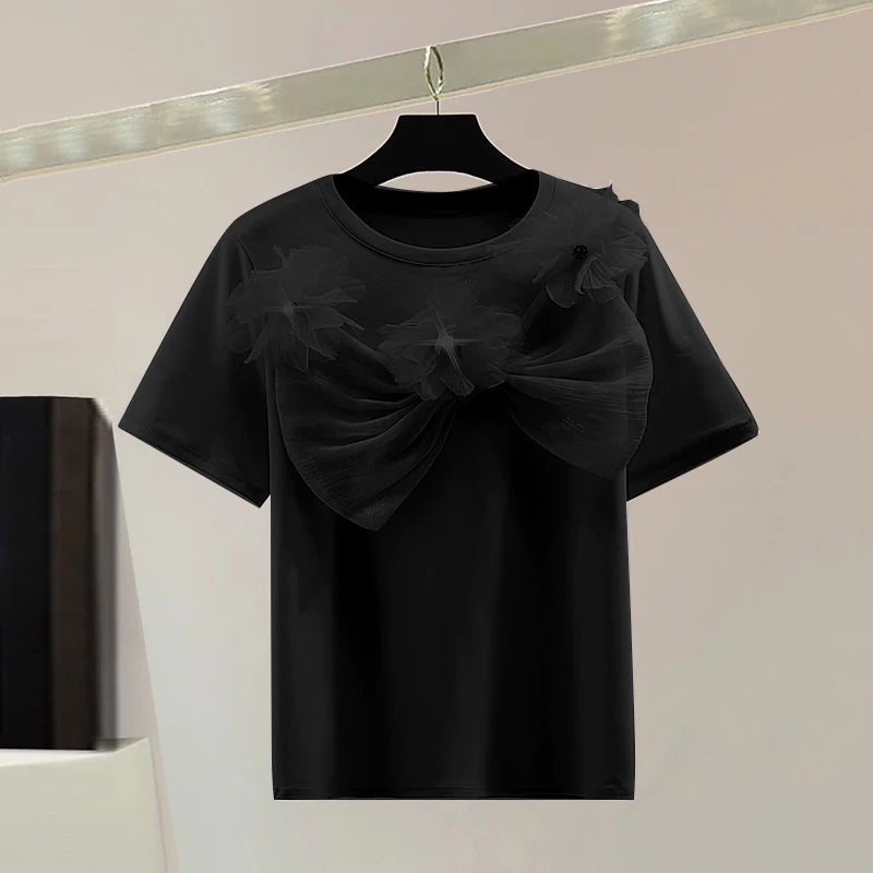 GALCAUR Solid Loose Spliced Bow T Shirts For Women Round Neck Short Sleeves Patchwork Mesh Fashion Top Female Summer Clothing