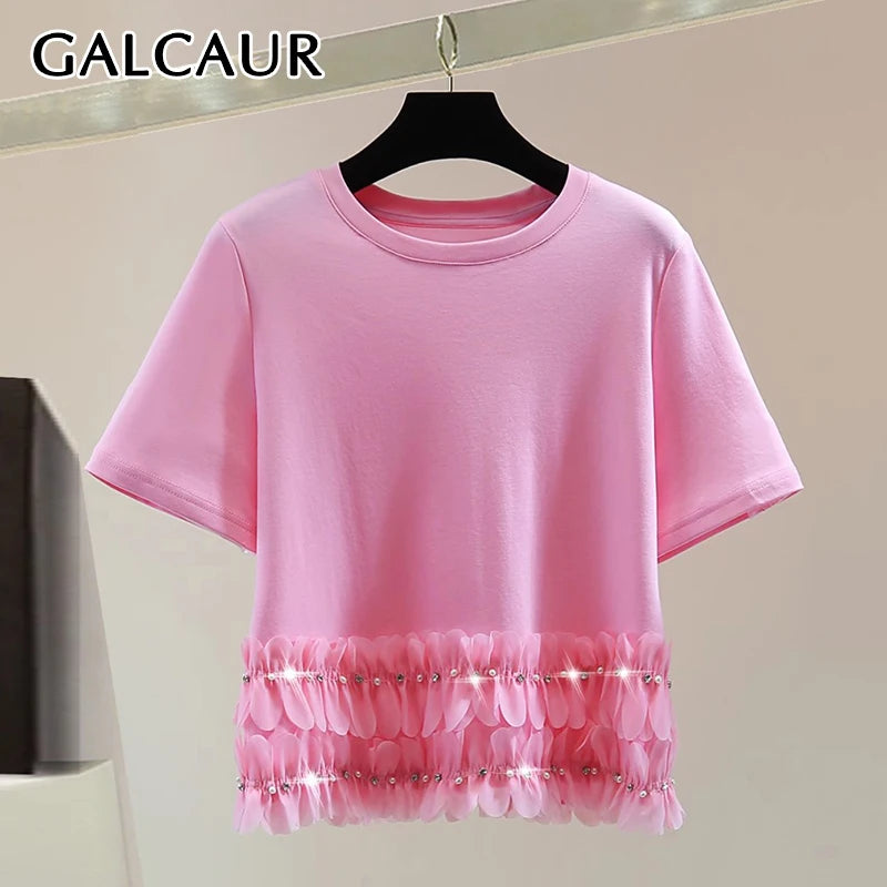 GALCAUR Solid Loose Spliced Mesh T Shirts For Women Round Neck Short Sleeves Patchwork Diamonds Elegant Top Female Clothing New