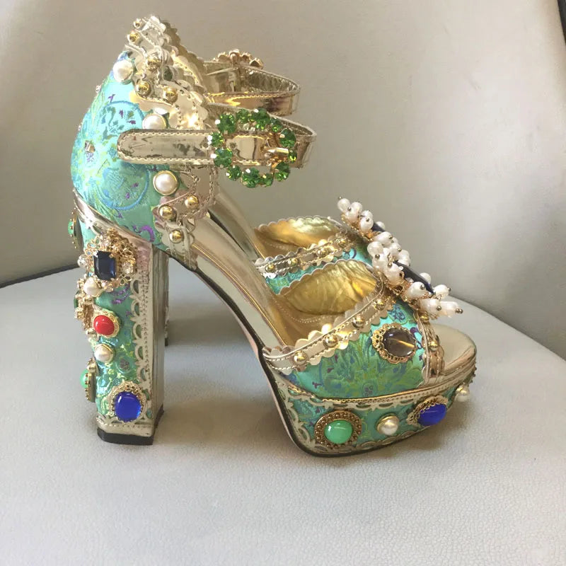 New Super High Heel Platform Pearl Rhinestone Chunky Heel Sandals Retro Baroque High Heels