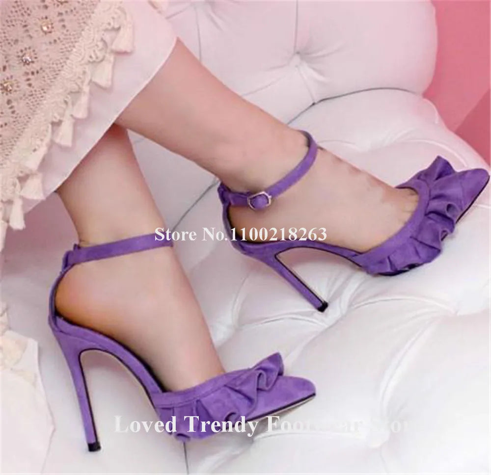 Newest Purple Yellow Red Suede Fringes Thin Heel Pumps Elegant Pointed Toe Ruffles Ankle Straps Stiletto Heel Dress Shoes