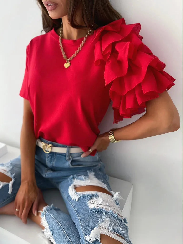 Elegant Mesh Ruffles Short Sleeves Loose T-Shirt Women's Casual O Neck Solid Basic Versatile Tops Chic Streetwear T-Shirt Blouse