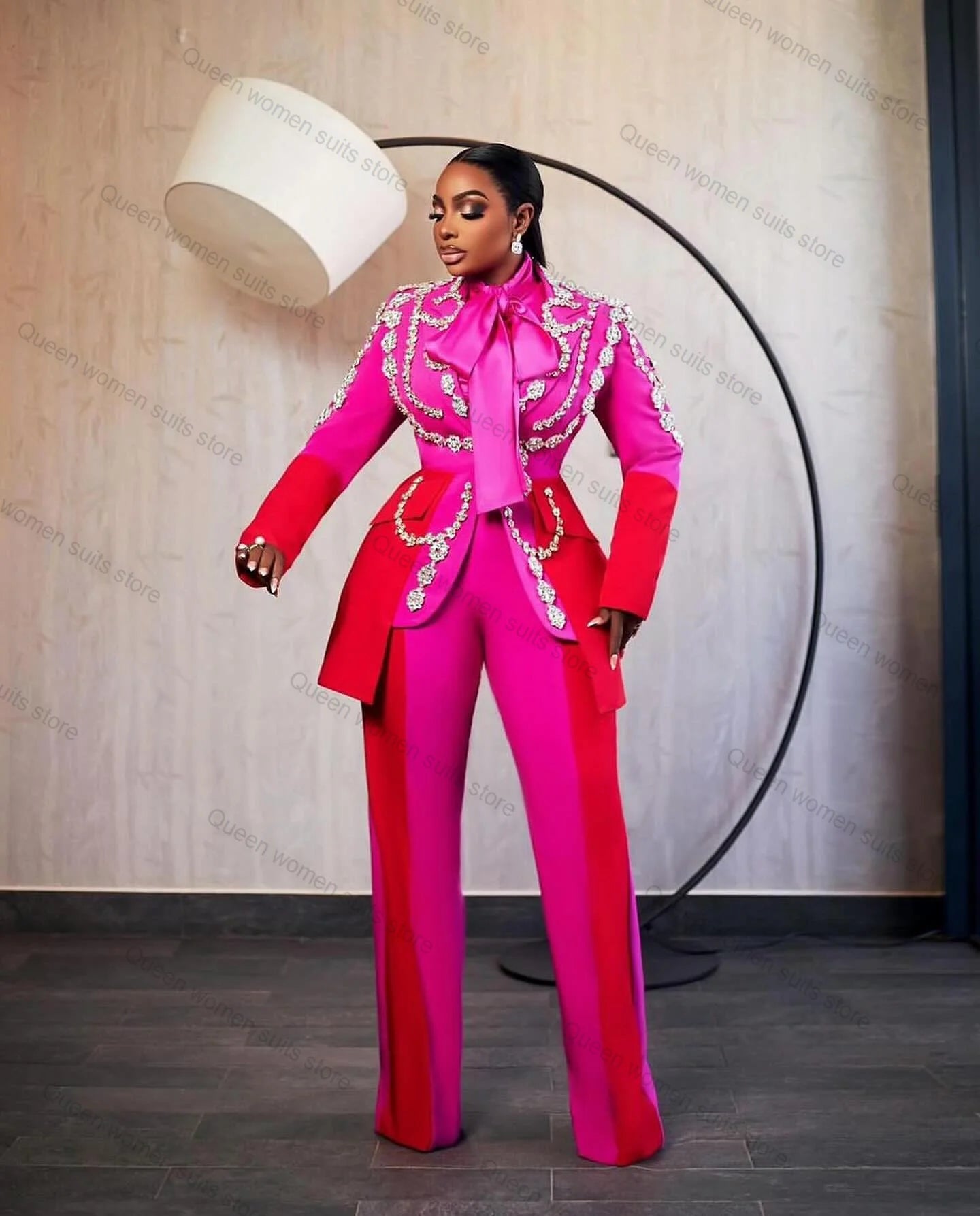 Splicing Color Formal Women Suit Pants Set 2 Piece Blazer+Trousers Crystals Office Lady Jacket Customized Wedding Prom Outfit