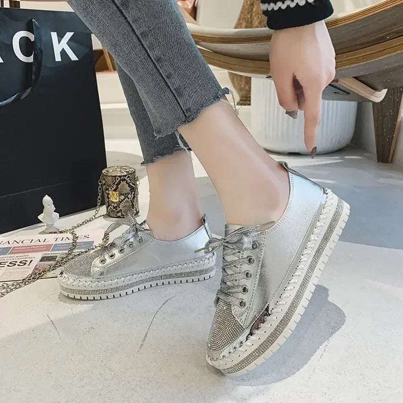 2024 New Rhinestone Good Walking Vulcanize Shoes Women Diamond Thick Soled Shoes 5 Colors Sequin Fashion Board Shoes Size 43