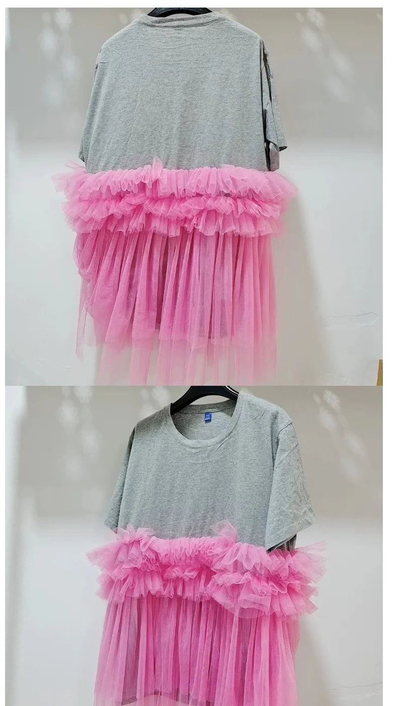 Chic Pink Mesh Splicing Ruffles T-Shirts Gray Spring Summer Gauze Pleated Short Sleeved Tees Jumpers Loose O-Neck Crop Tops